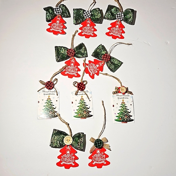 Hand Crafted handmade gifts tags Set of 10 Green bow red X-mas tree plaid button - Picture 1 of 17